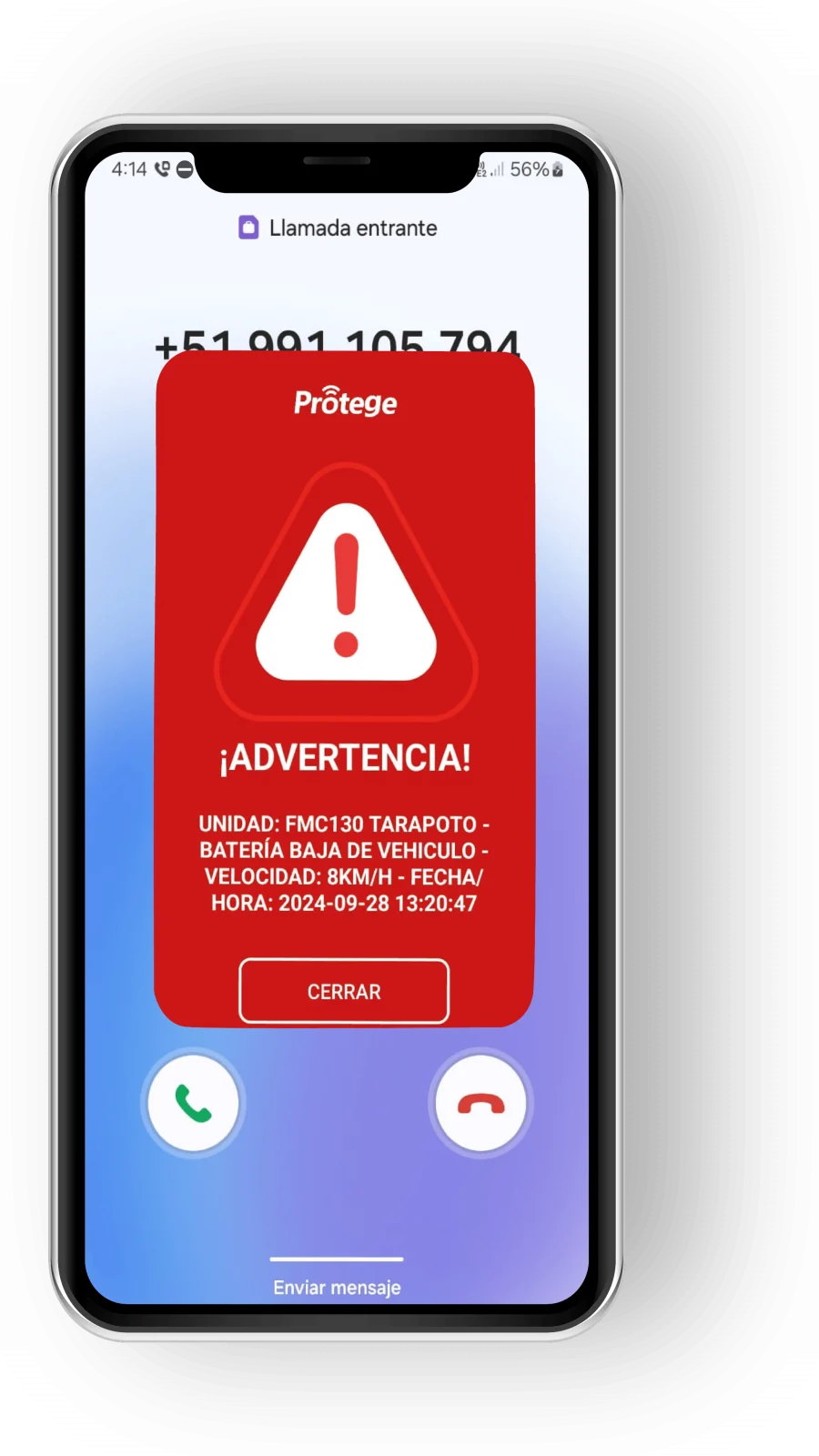 Celular recibiendo una llamada de alerta de Protege