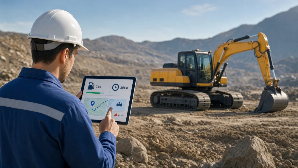 Supervisor revisa el consumo de combustible de una excavadora en la tablet